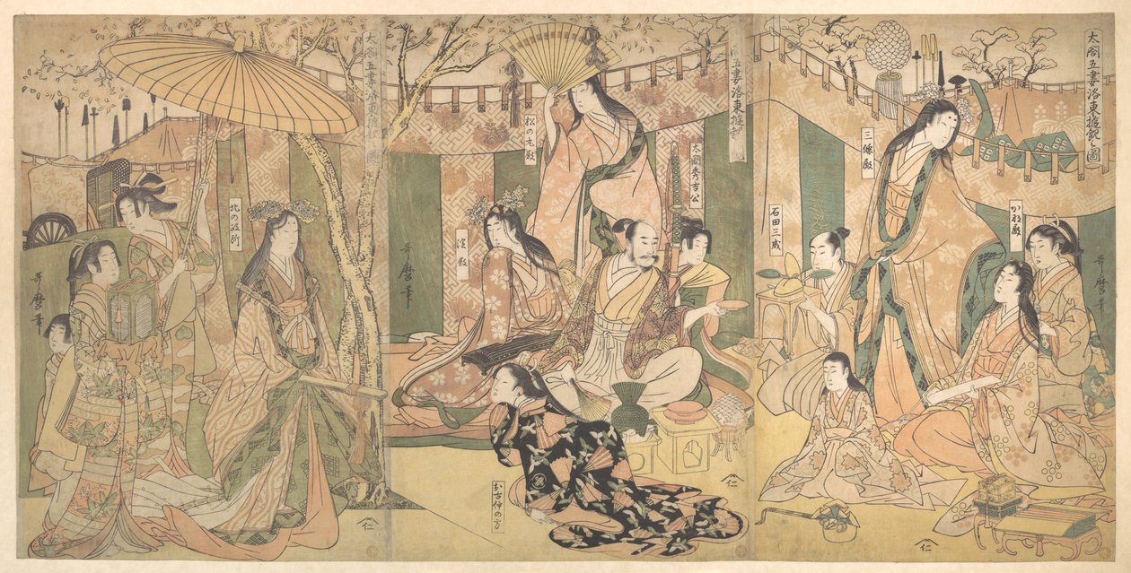 Näkymä Taikon ja hänen viiden vaimonsa huvituksista Rakutōssa tekijältä Kitagawa Utamaro