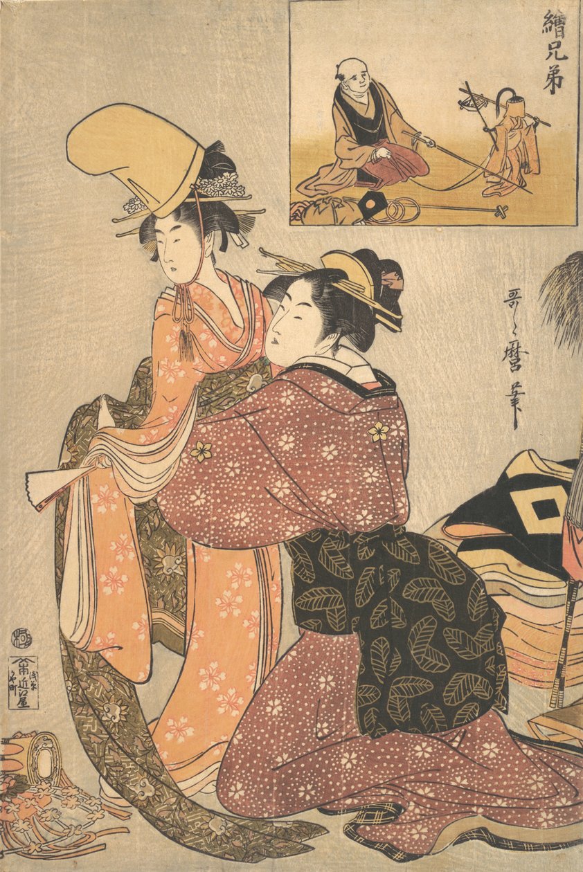 Nainen pukemassa tyttöä kabuki-tanssiin "Musume Dojoji..., ca. 1795-96. tekijältä Kitagawa Utamaro