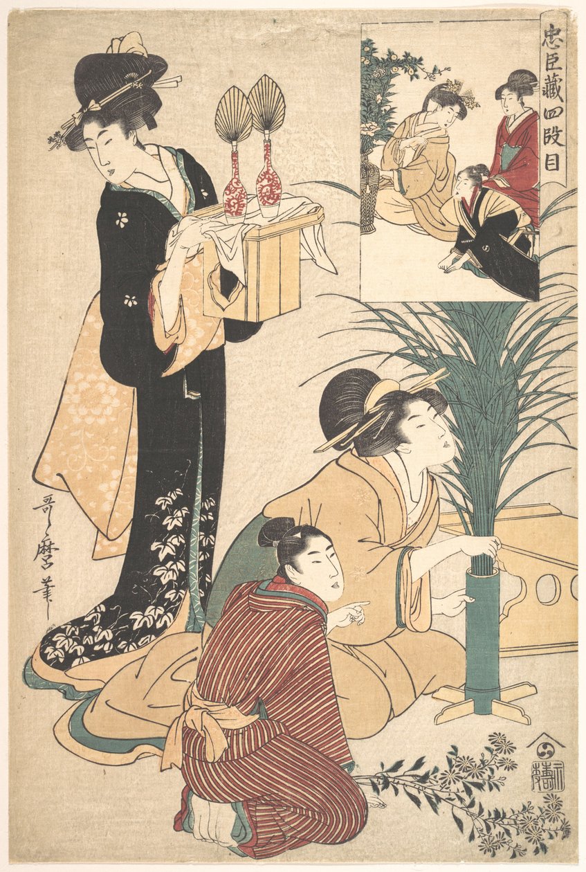 Nainen ja mies asettelemassa kukkia tsukimia (kuujuhlaa) varten tekijältä Kitagawa Utamaro