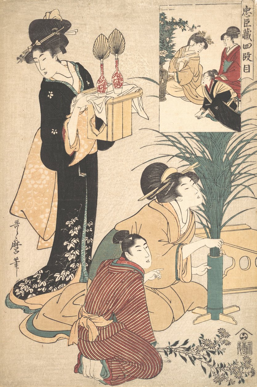 Nainen ja mies asettamassa kukkia Tsukimi Moon Festivaliin, 1802. tekijältä Kitagawa Utamaro