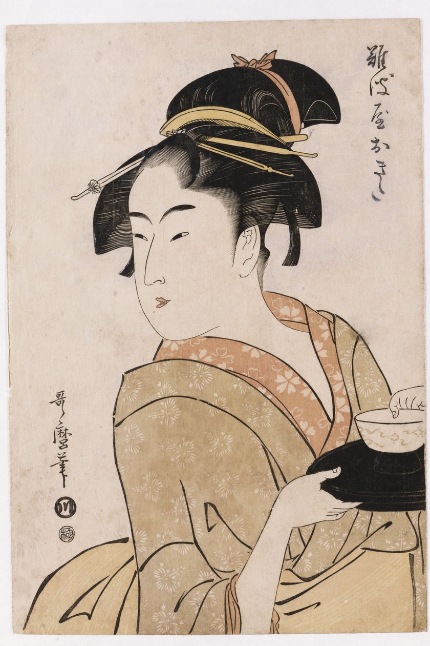 Naniwayan teehuoneen tarjoilija Okitan rintakuva tekijältä Kitagawa Utamaro