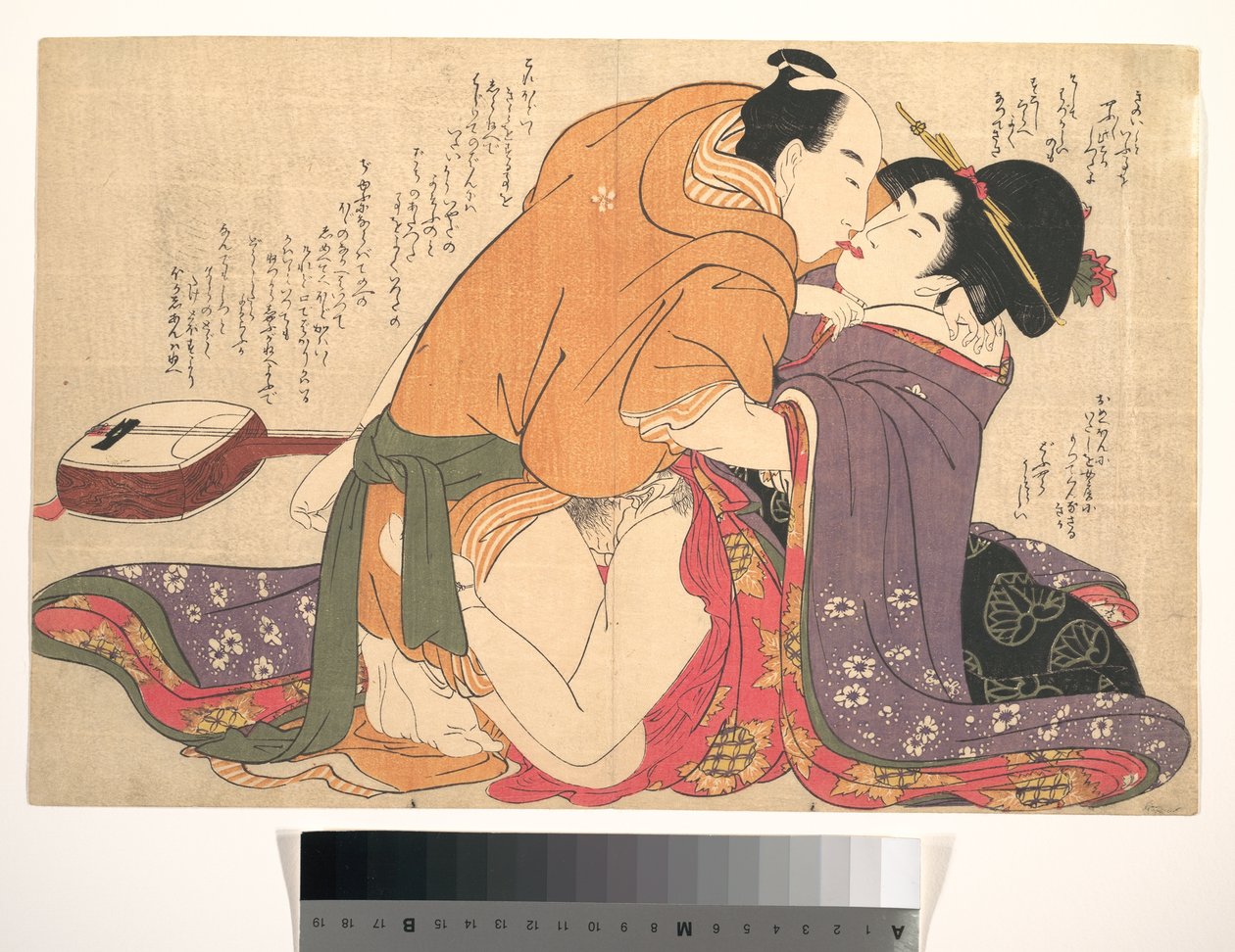 Shamisenin äärellä rakasteleva pariskunta, kuva teoksesta *Unravelling the Threads of Desire* (Negai no ito-guchi) tekijältä Kitagawa Utamaro
