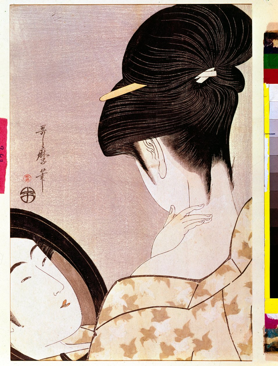 Nainen varjossa niskaansa Utamaro Kitagawan (1753-1806) japanilaisella printillä - Aurinko 0,37x0,22 m - 1795-1796 - Pariisi, Musee Guimet, Musee national des Arts Asians tekijältä Kitagawa Utamaro