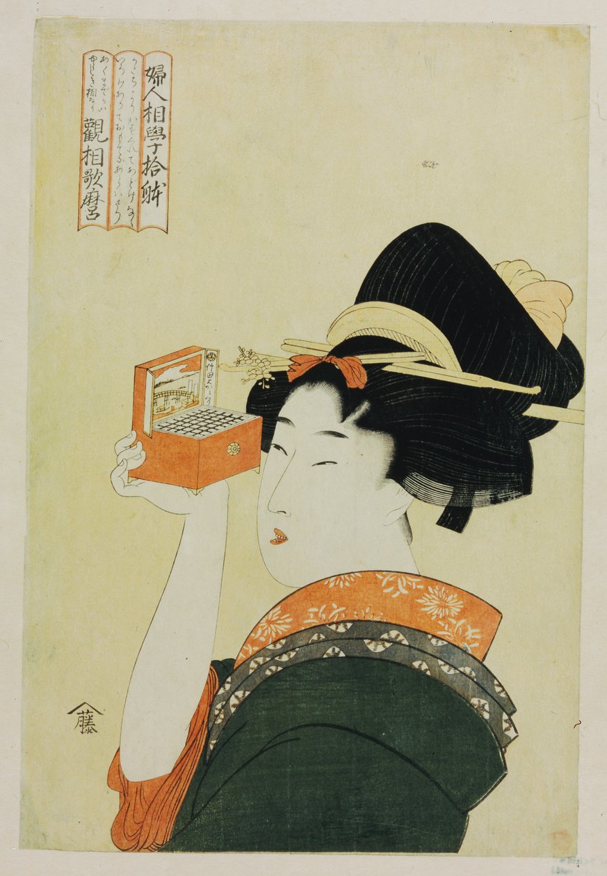 Nuori tyttö katselee Nozoki Meganea, "Magic Lantern", sarjasta "Ten Forms of Feminine Physiognomies" tekijältä Kitagawa Utamaro