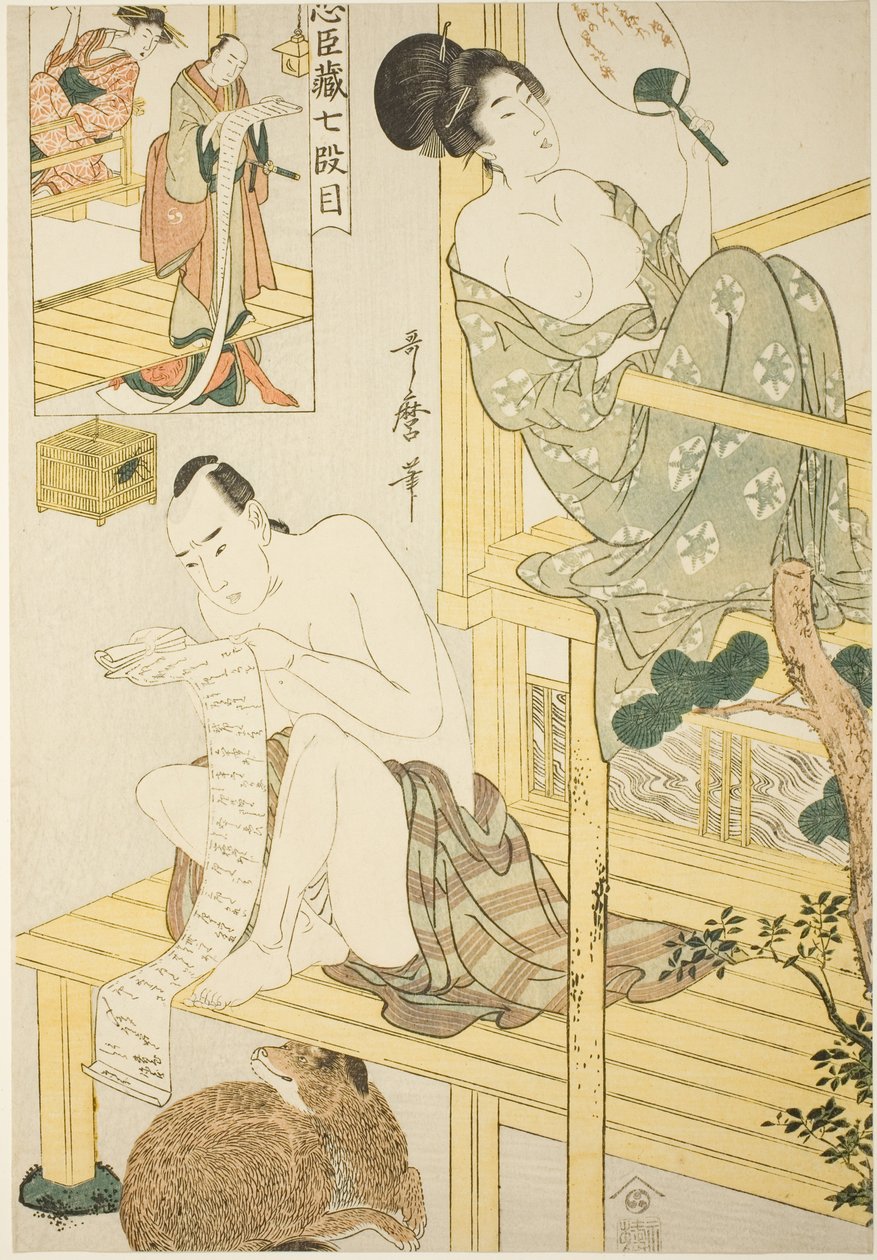 Seitsemän näytös sarjasta "Treasury of the Loyal Retainers (Chushingura) (Shichi-damme)" tekijältä Kitagawa Utamaro