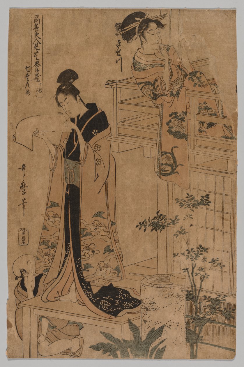 VII näytös sarjasta The Storehouse of Loyal Retainers kuten kuuluisat kaunottaret kahdessatoista lehdessä tekijältä Kitagawa Utamaro