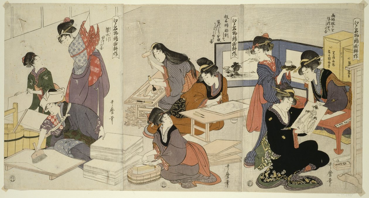 Taiteilija, Block Carver, Applying Sizing, sarjasta The Cultivation of Brocade Prints, A Famous Product of Edo, n. 1803 tekijältä Kitagawa Utamaro