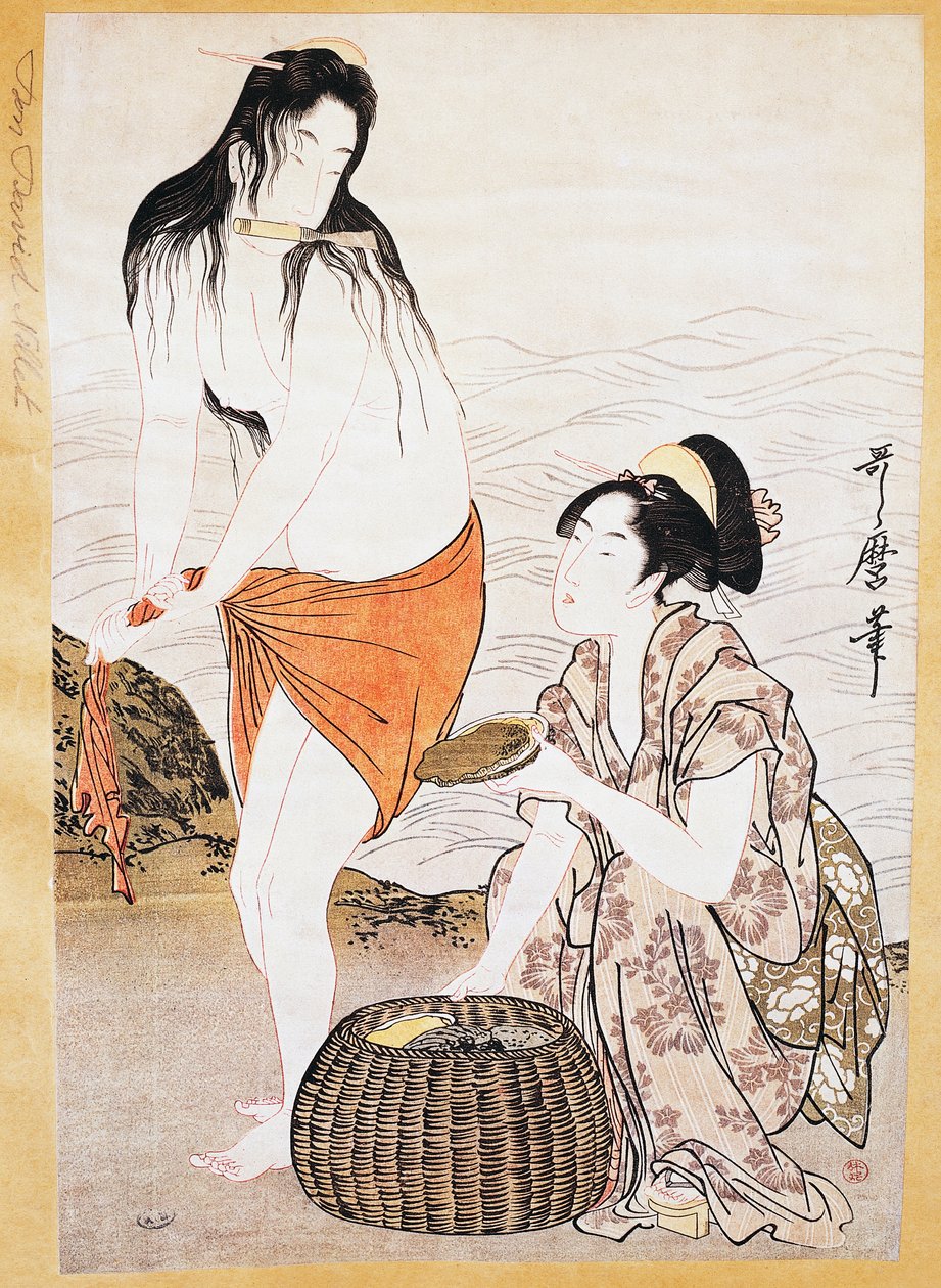 Awabi (nilviäiset) kalastajat vedessä, Kitagawa Utamaron (1753-1806) ukiyo-e-taidevedos, puupiirros, japanilainen sivilisaatio, Edo-kausi tekijältä Kitagawa Utamaro