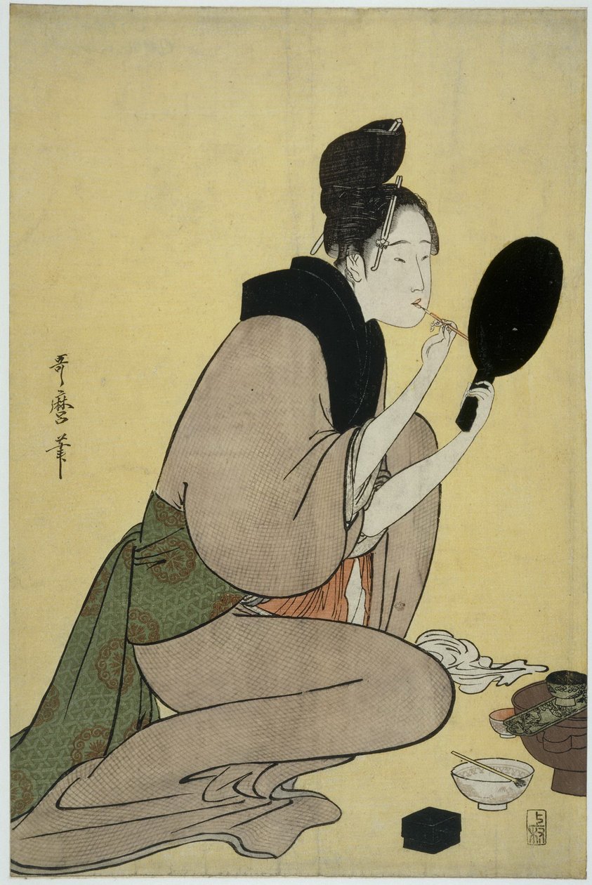 Bijin-ga. Tyttö levittää meikkiä huulilleen tekijältä Kitagawa Utamaro