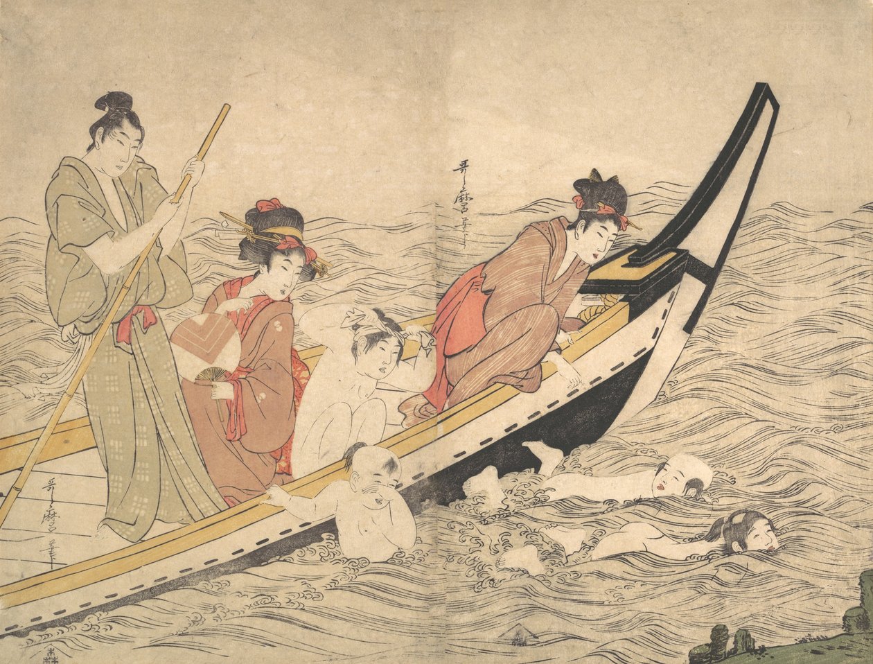 Veneilyjuhlat lasten kanssa uimassa, 1700-luvun loppu. tekijältä Kitagawa Utamaro