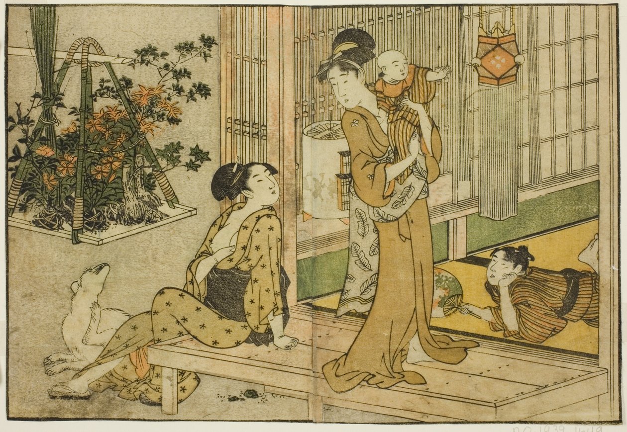 Bon Festival Lyhdyt ja kasvimyyjä, kuvitetusta kirjasta "Picture Book: Flowers of the Four Seasons (Ehon shiki no hana)," voi. 2 tekijältä Kitagawa Utamaro