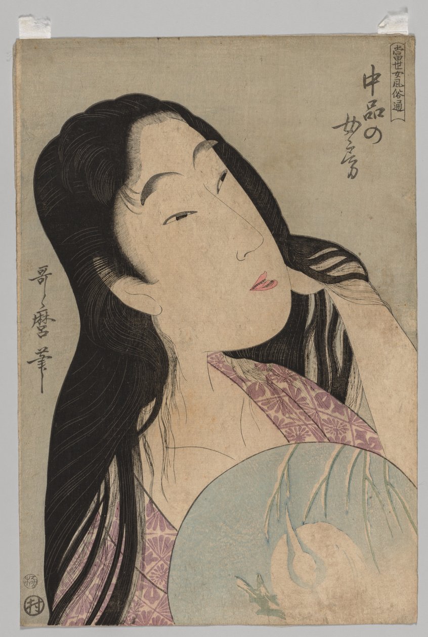 Naisen rintakuva, jolla on löysät hiukset pitelevä tuuletin, 1753-1806. tekijältä Kitagawa Utamaro