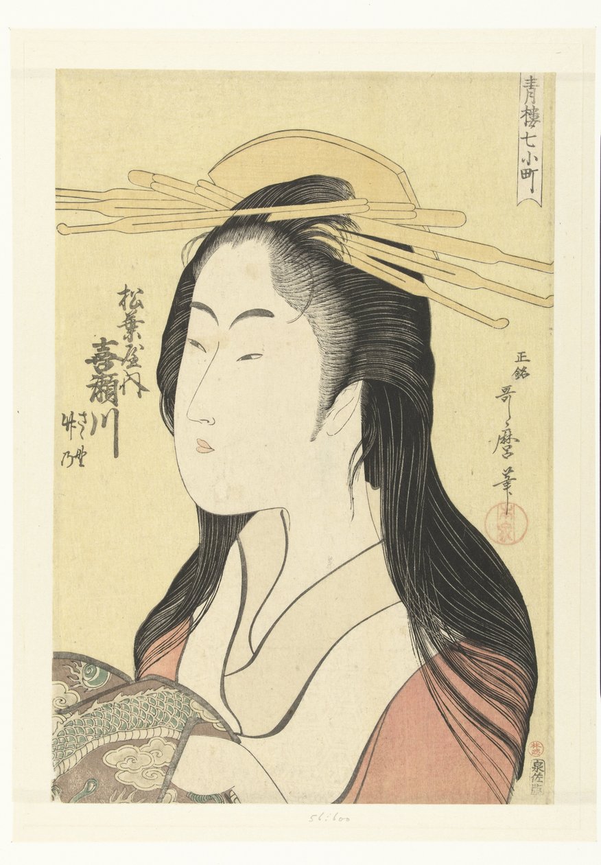 Matsubayan talon kurtisaani Kisegawan rintakuva. Matsubaya uchi Kisegawa (otsikko esineessä) Seitsemän Komachia huvitaloista (sarjan nimi) Seiro nana Komachi (sarjan nimi esineessä) tekijältä Kitagawa Utamaro