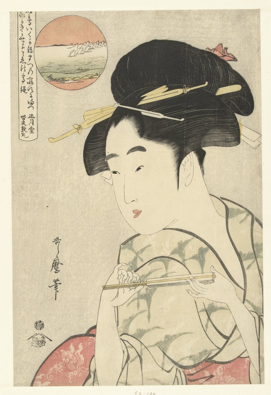Nuoren naisen rintakuva tuulettimen kanssa tekijältä Kitagawa Utamaro