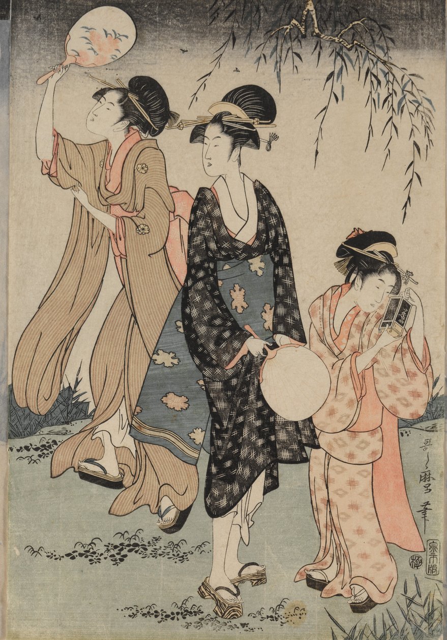 Tulikärpästen pyydystäminen pajupuun alta (keskellä) tekijältä Kitagawa Utamaro