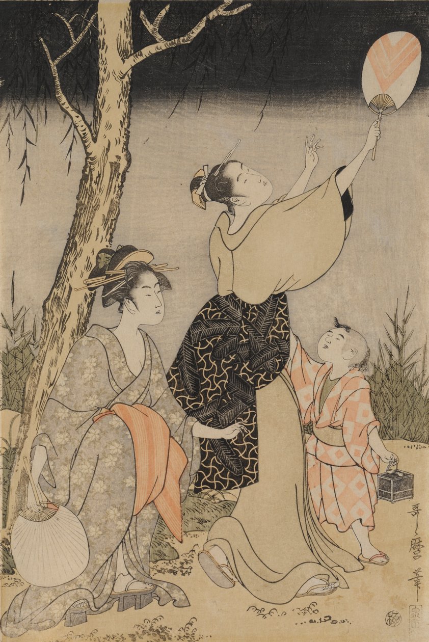 Tulikärpästen pyydystäminen pajupuun alta (vasemmalla) tekijältä Kitagawa Utamaro