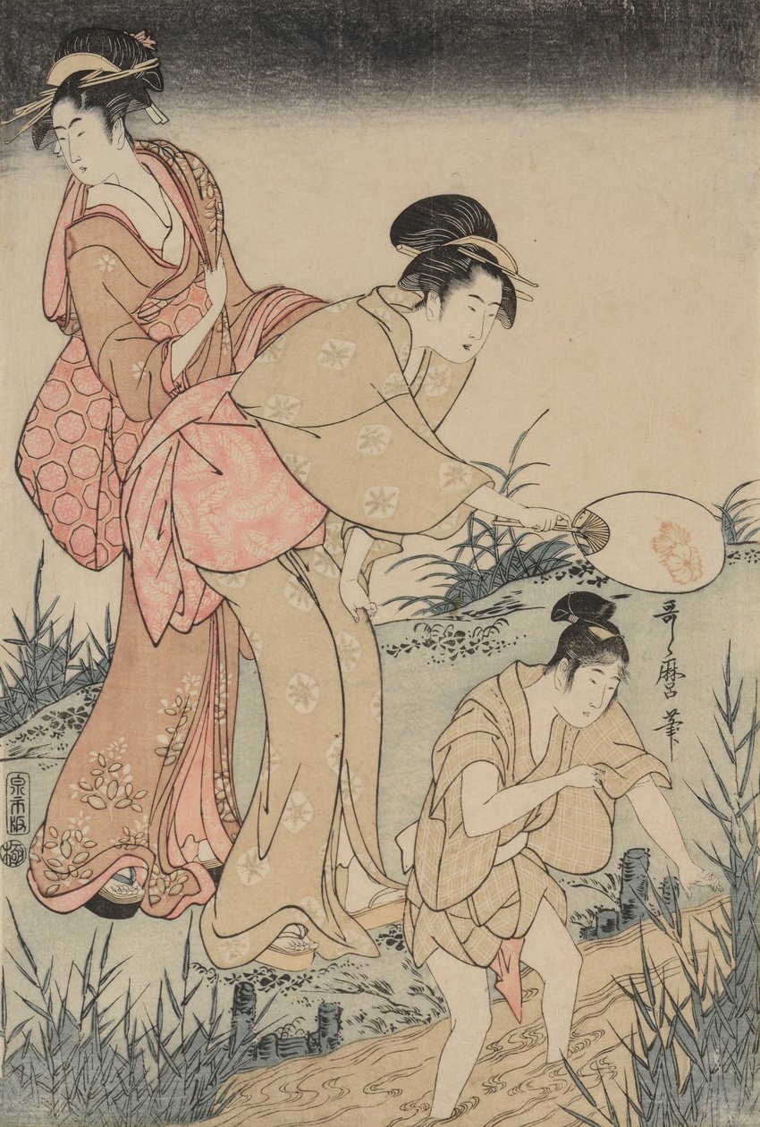 Tulikärpästen pyydystäminen pajupuun alta (oikealla) tekijältä Kitagawa Utamaro