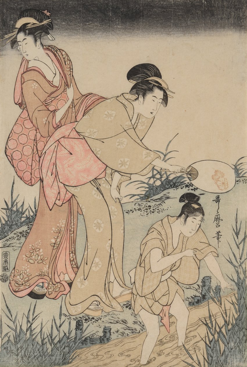 Tulikärpästen pyydystäminen pajupuun alta oikealla, c. 1796-1797. tekijältä Kitagawa Utamaro