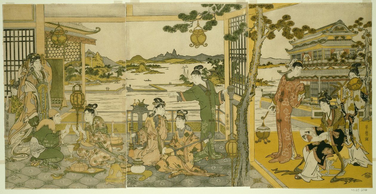 Kiinalaiset kaunottaret juhlissa tekijältä Kitagawa Utamaro