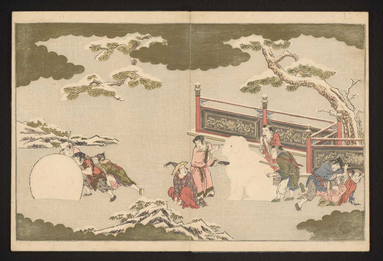 Kiinalaiset pojat leikkivät lumessa tekijältä Kitagawa Utamaro