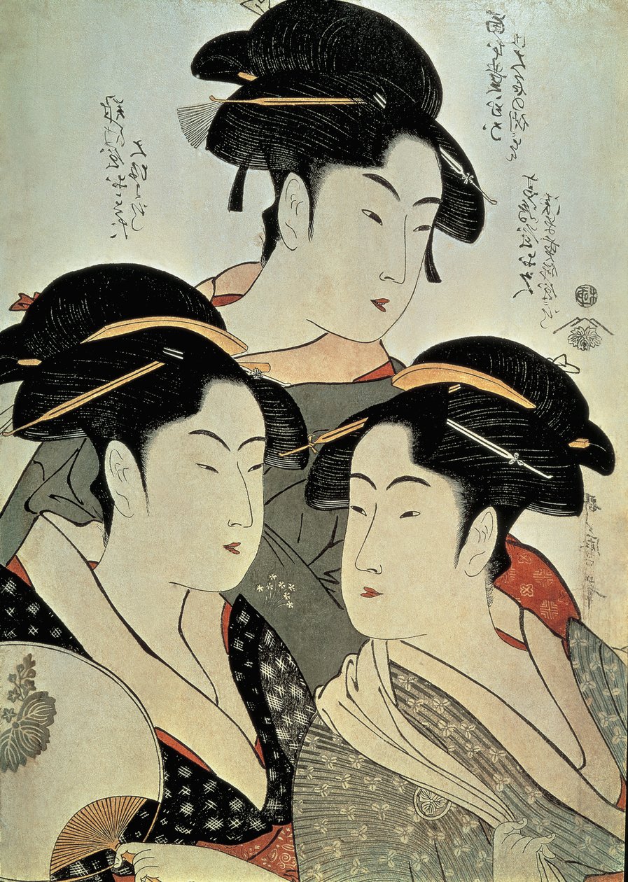 Lähikuva kolmen naisen maalauksesta, Kitagawa Utamaro, Kansein aikakausi, Japani tekijältä Kitagawa Utamaro