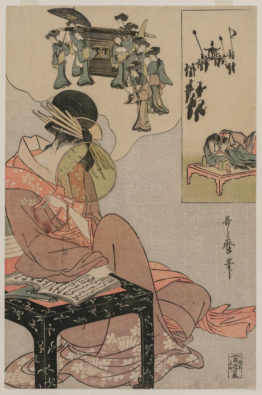 Kurtisaani uneksimassa avioliittokulkueesta, 1790-luvun loppu (värillinen puupiirrosjälki) tekijältä Kitagawa Utamaro