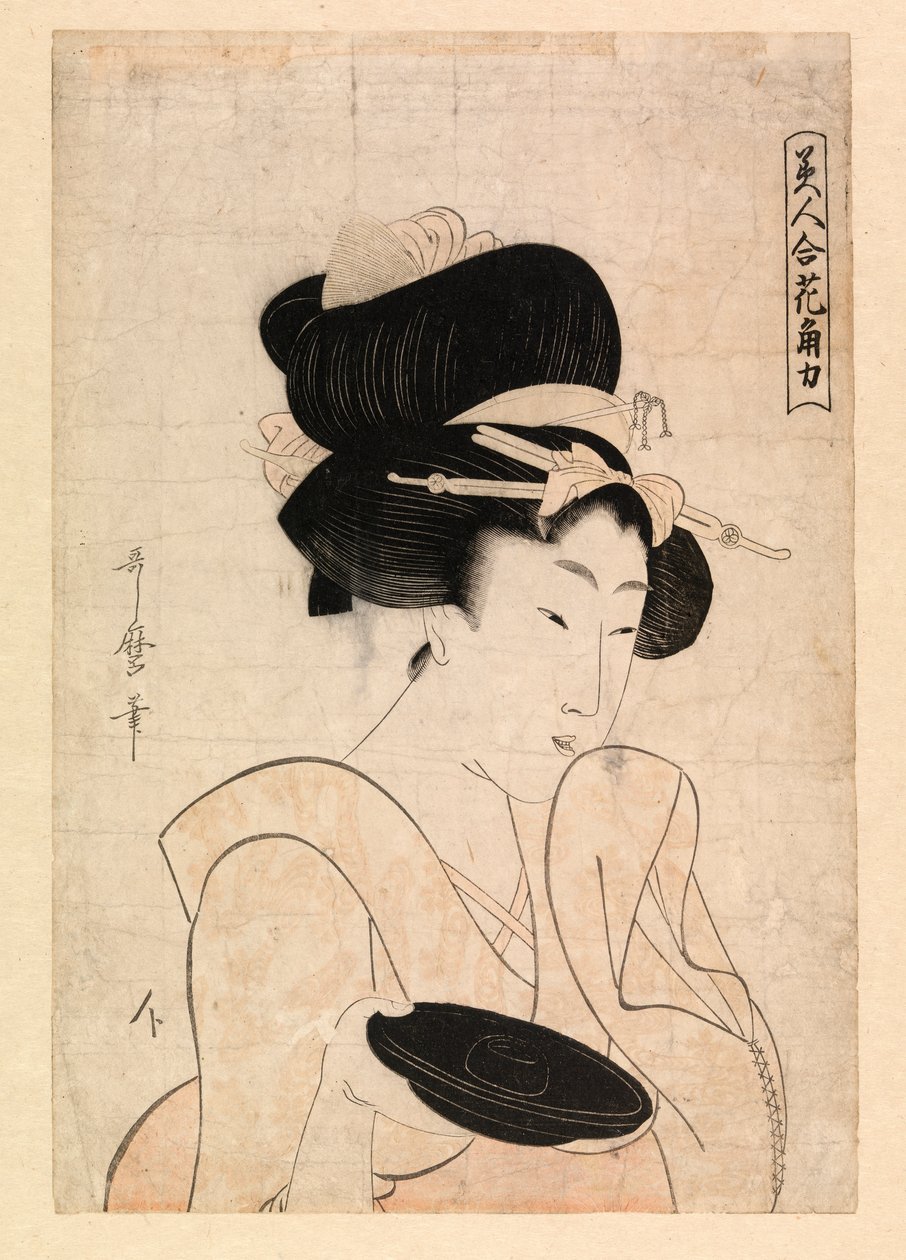 Kurtisaani kädessään sakekuppia, n. 1790-1806 (värillinen puupiirros) tekijältä Kitagawa Utamaro
