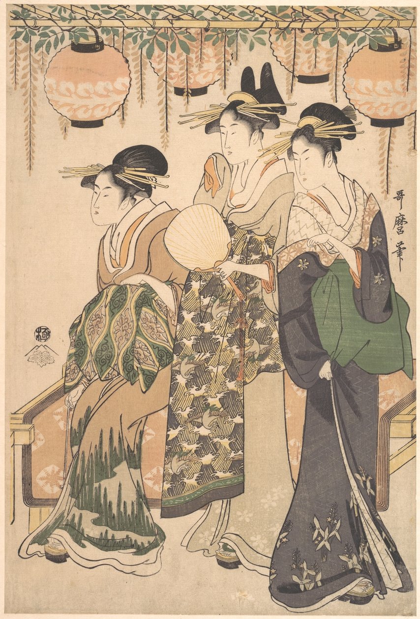 Kurtisaanit sinisadelehtimajan alla (Fuji dana shita no yūjo tachi) tekijältä Kitagawa Utamaro