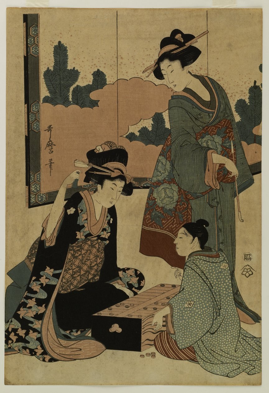 Kurtisaanit pelaamassa lautapeliä tekijältä Kitagawa Utamaro