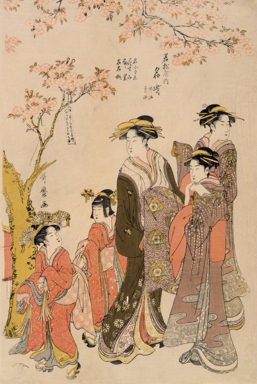 Kurtisaanit kävelemässä kirsikkapuiden alla, n. 1789 (puupainatus) (203664:n yksityiskohta) tekijältä Kitagawa Utamaro