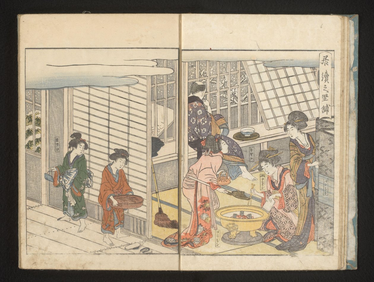 Kurtisaanit ja vieras talviaamuna tekijältä Kitagawa Utamaro