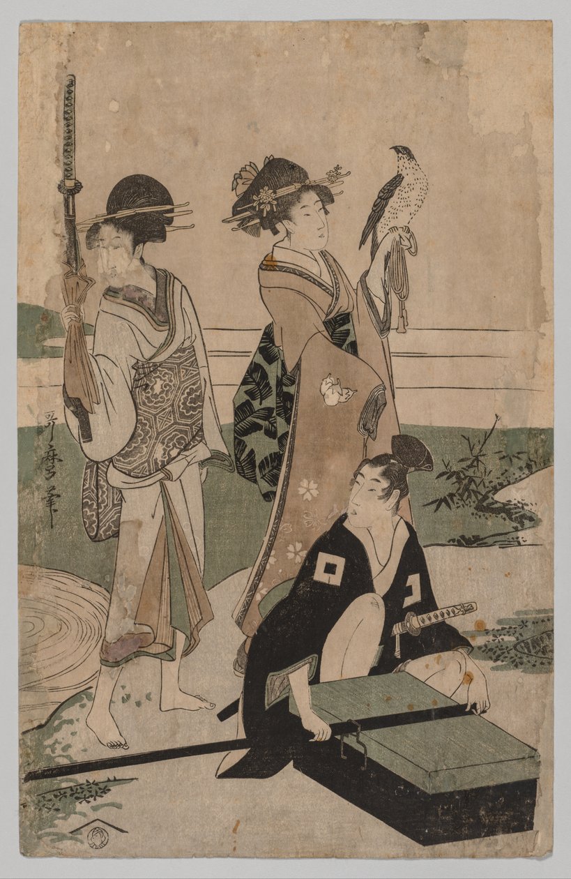 Daimyō ja hänen seuraajansa ylittävät virran tasangolla lähellä Fujia tekijältä Kitagawa Utamaro