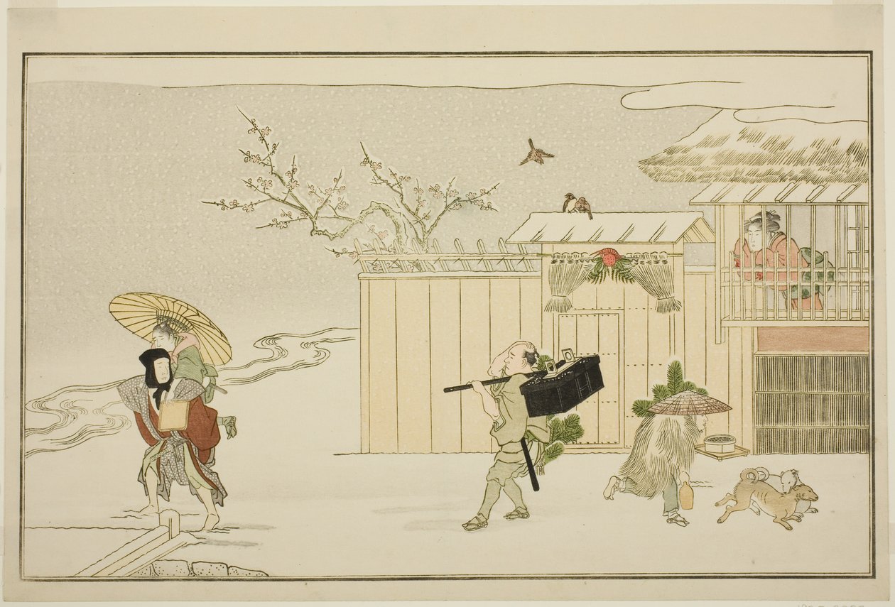 Uudenvuoden lahjojen toimittaminen lumessa kuvitetusta kyoka-antologiasta "The Young God Ebisu (Waka Ebisu)" tekijältä Kitagawa Utamaro