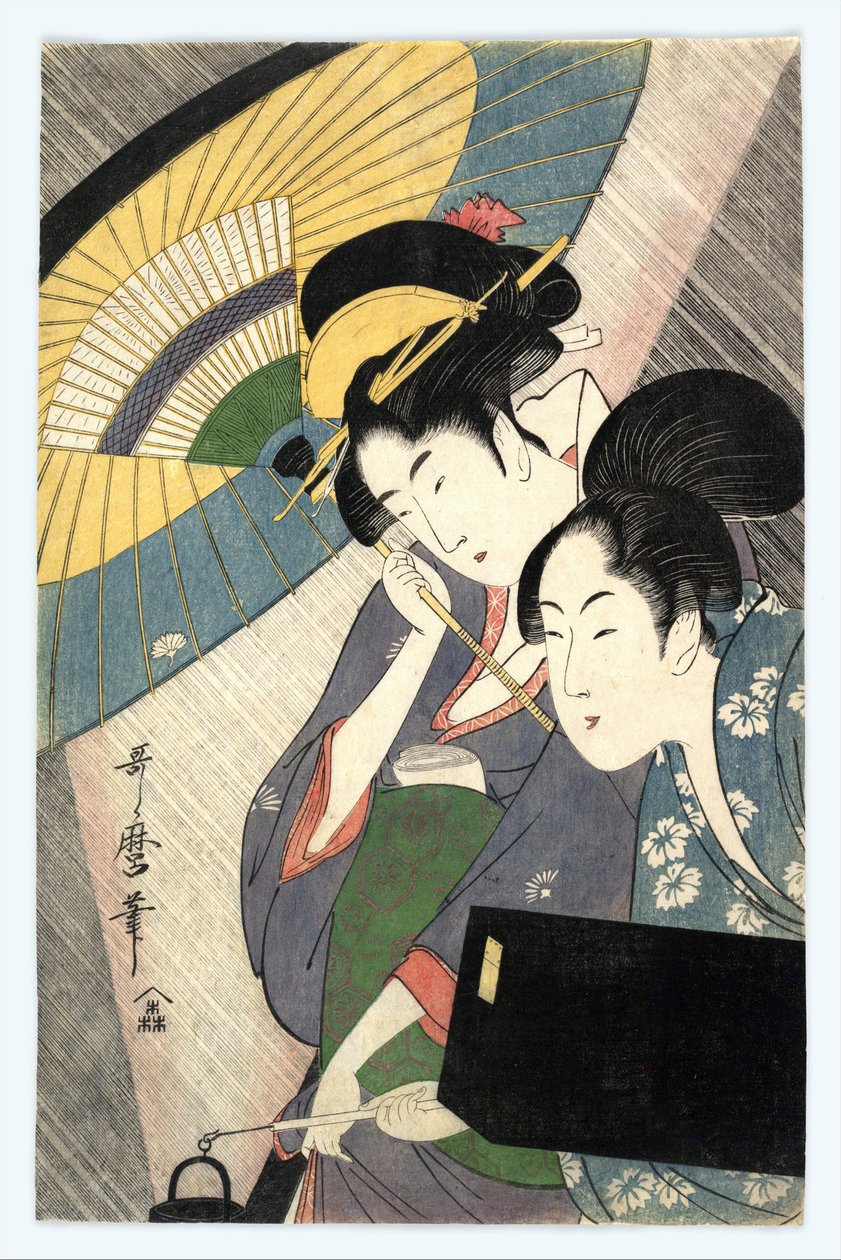 Kaksi naista sateenvarjon alla - Kaksi naista sateenvarjon alla, Utamaro, Kitagawa (1753-1806) tekijältä Kitagawa Utamaro