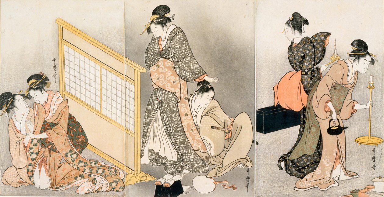 Kaksinkertainen tyyny. Triptyykki, noin 1794 tekijältä Kitagawa Utamaro