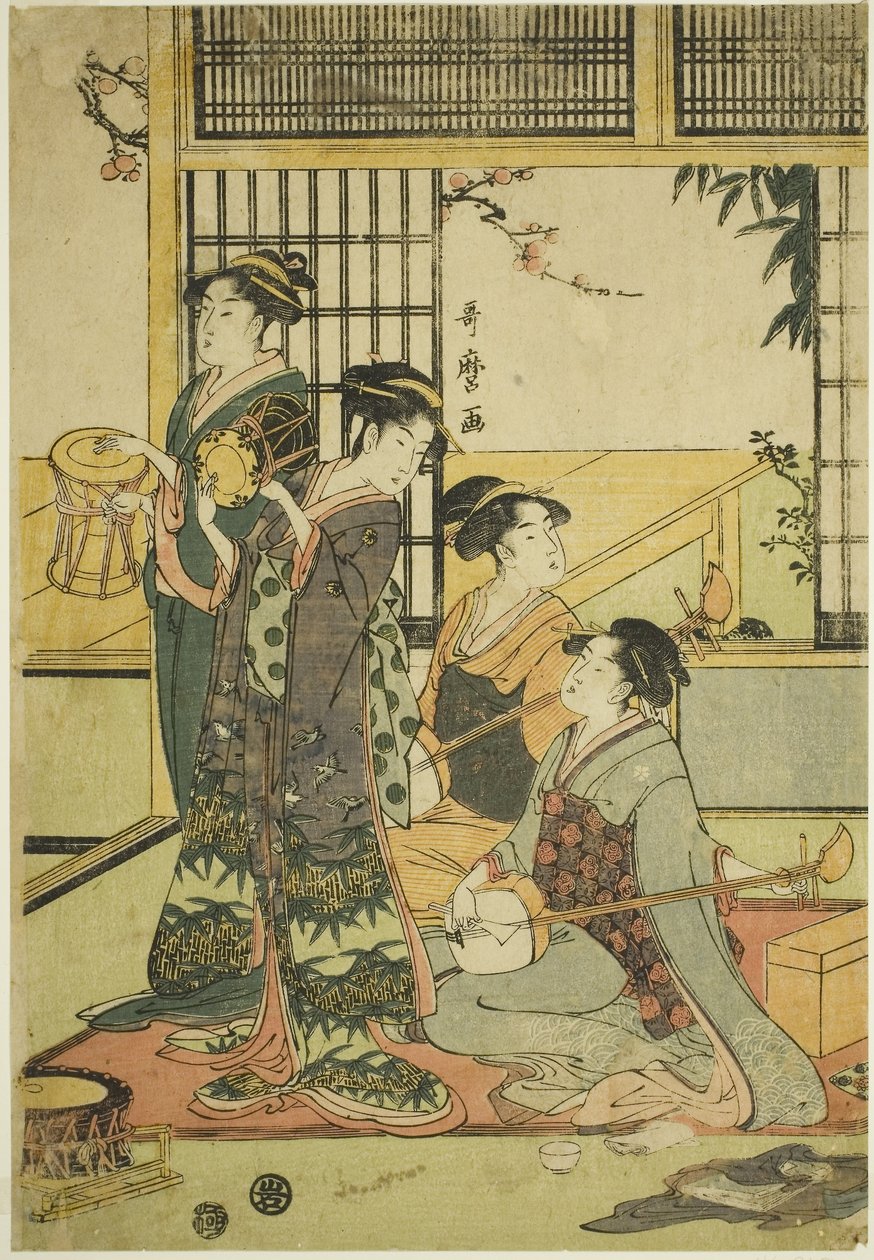 Rummut ja Shamisen (värillinen puupainatus; aiban) tekijältä Kitagawa Utamaro