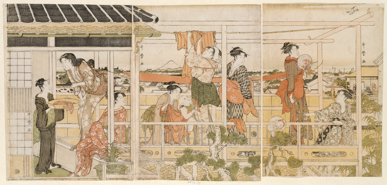 Vaatteiden kuivaus (Monohoshi) tekijältä Kitagawa Utamaro