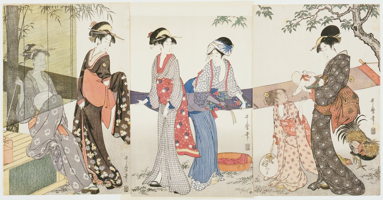Kankaan kuivaaminen ja pingottaminen tekijältä Kitagawa Utamaro