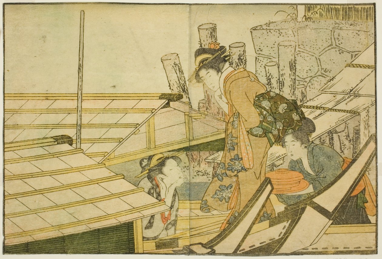 Lähdössä huviveneisiin kesällä, kuvitetusta kirjasta "Picture Book: Flowers of the Four Seasons (Ehon shiki no hana)," voi. 1 tekijältä Kitagawa Utamaro
