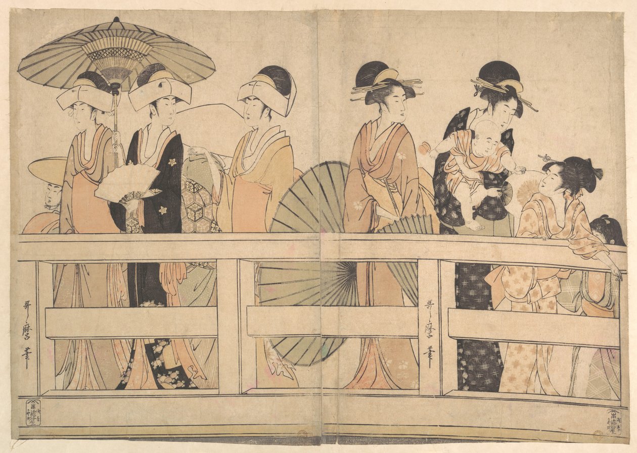 Nautitaan viileästä iltatuulesta sillan päällä ja alla tekijältä Kitagawa Utamaro