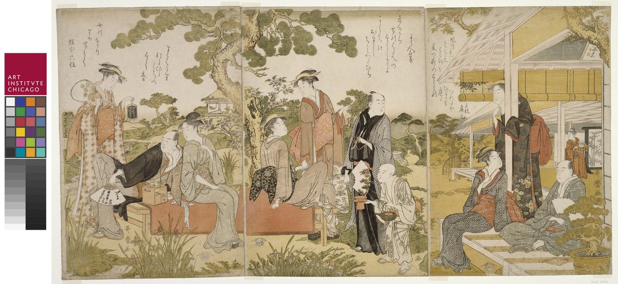 Enjoying the Cool in a Garden, Oban-triptyykki, n. 1788-1790 tekijältä Kitagawa Utamaro