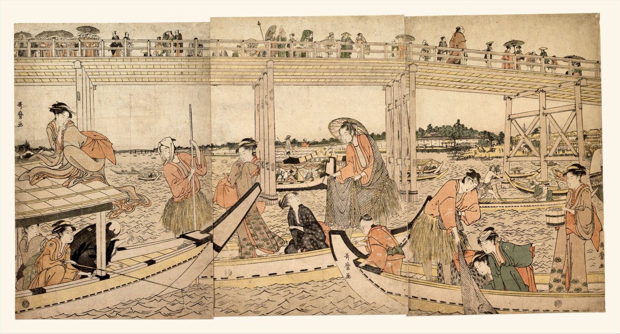 Kalastusalukset verkoineen Ryōgoku-sillan alla tekijältä Kitagawa Utamaro