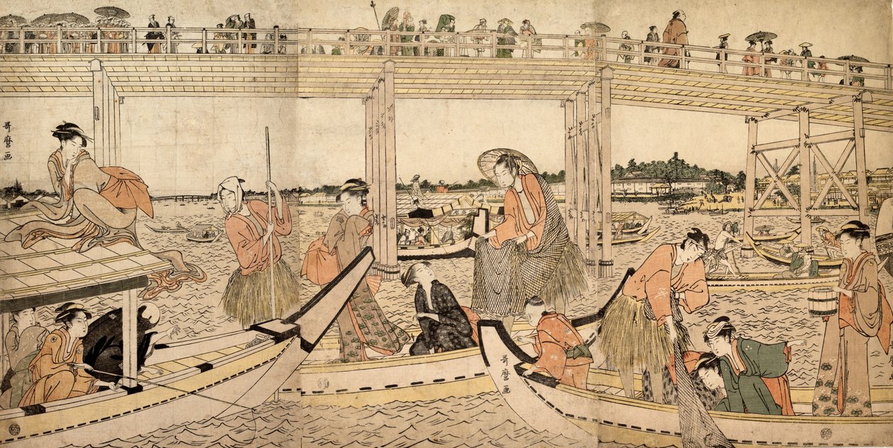 Kalastusveneet verkoilla Ryogokun sillan alla, 1790-luku. tekijältä Kitagawa Utamaro