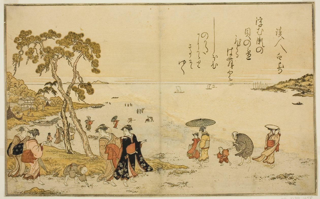 Gathering Shells at Low Tide, kuvitetusta kirjasta "Gifts from the Ebb Tide (Shiohi no tsuto)" tekijältä Kitagawa Utamaro
