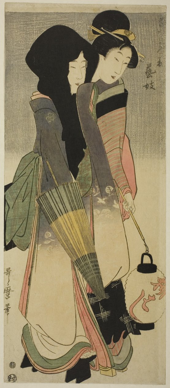 Geisha (Geigi), sarjasta Three Amusements of Contemporary Beauties, n. 1800 (värillinen puupainatus; naga-oban) tekijältä Kitagawa Utamaro