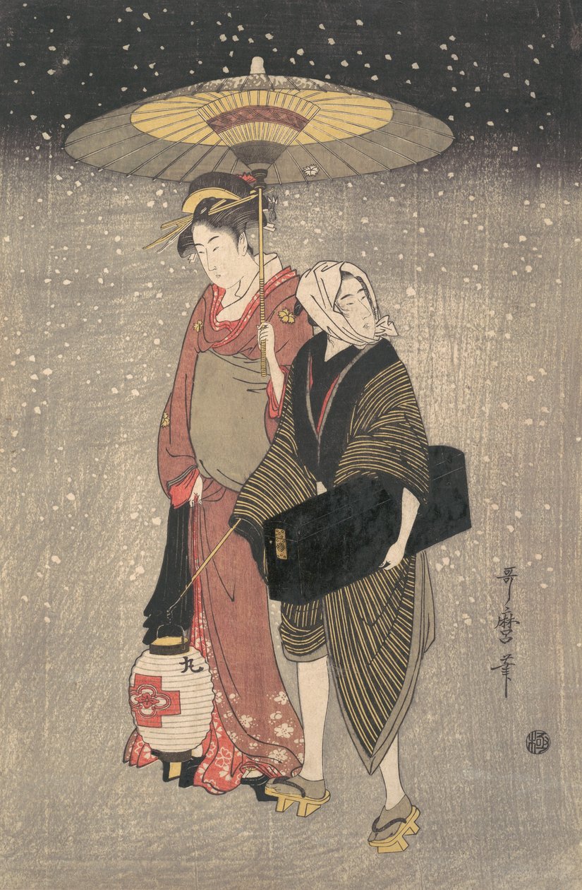 Geisha kävelee lumen läpi yöllä, n. 1797. tekijältä Kitagawa Utamaro