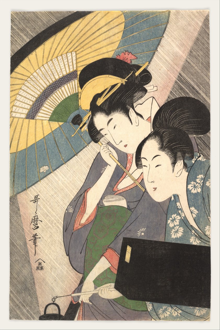 Geisha ja hänen palvelijansa sateisena yönä tekijältä Kitagawa Utamaro