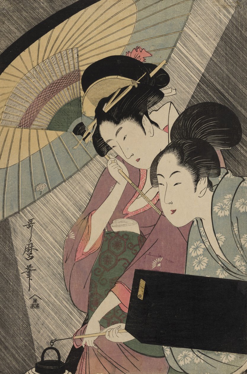 Geisha ja hoitaja sateisena yönä, n. 1797 tekijältä Kitagawa Utamaro