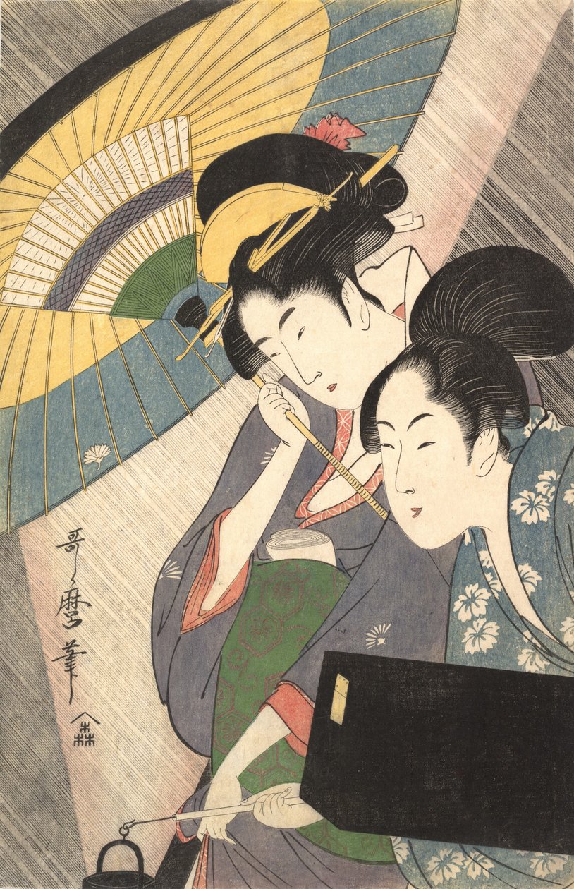 Geisha ja hoitaja sateisena yönä, n. 1797. tekijältä Kitagawa Utamaro
