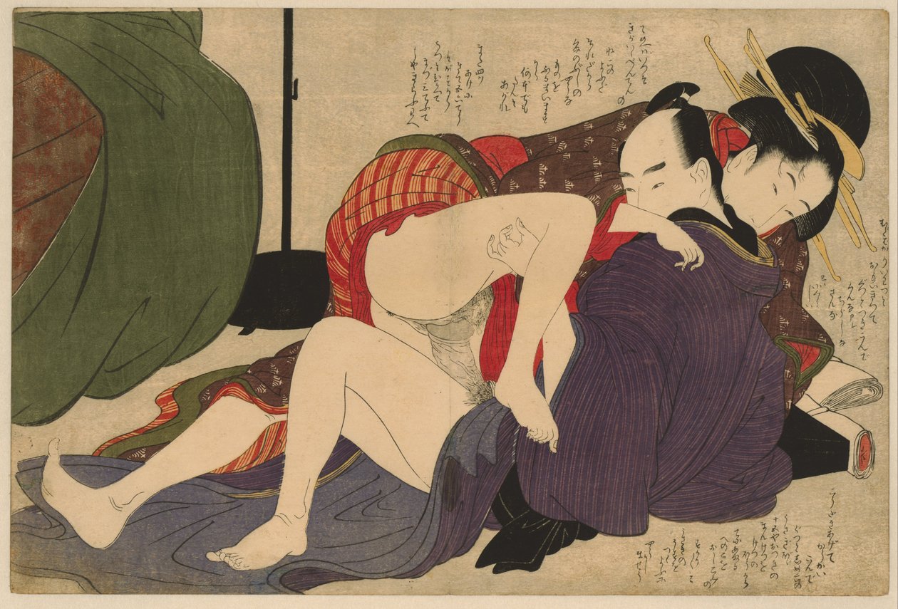Geisha ja hänen rakastajansa Negai no itoguchi (sarjan nimi) tekijältä Kitagawa Utamaro